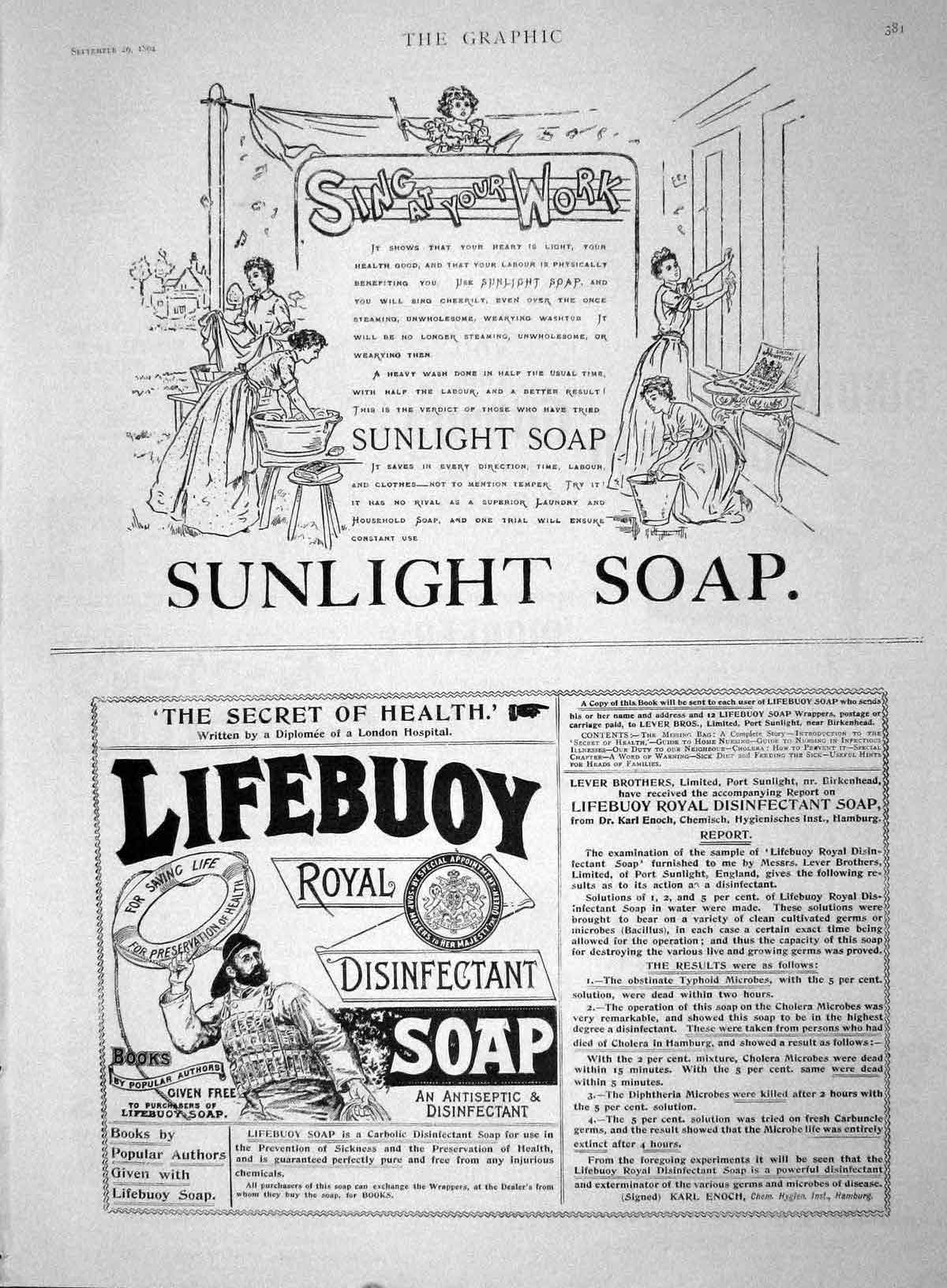 Original Old Antique Print 1894 Advertisement Sunlight Soap Lifebuoy Disin 19th