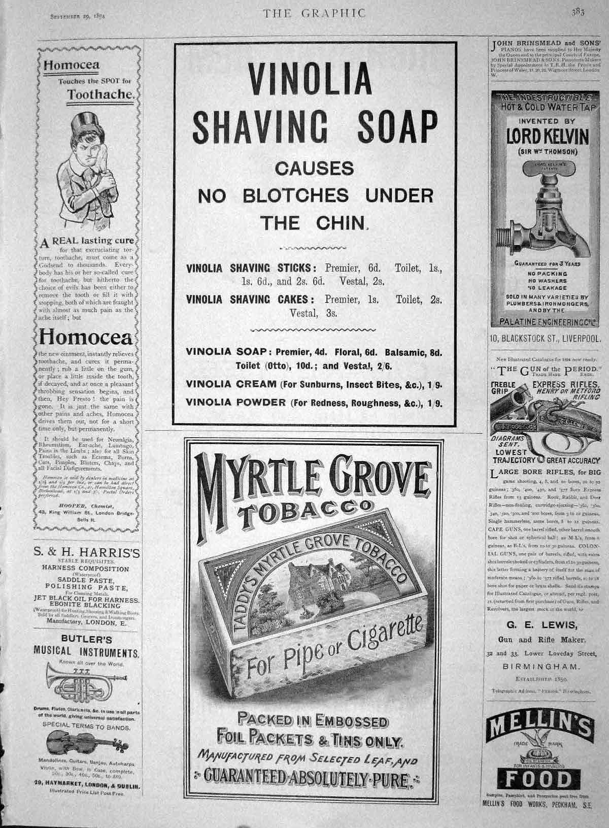 Old Antique Print 1894 Advertisement Vinolia Soap Myrtle Tobacco Mellins 19th