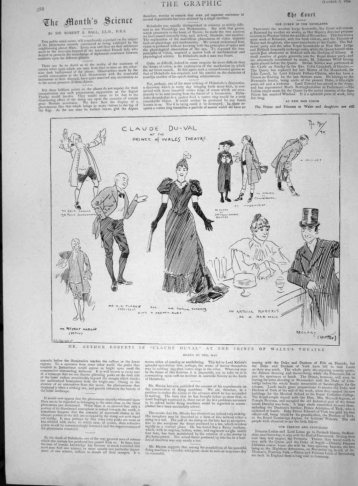 Old Antique Print 1894 Arthur Roberts Claude Duval Prince Wales Theatre 19th