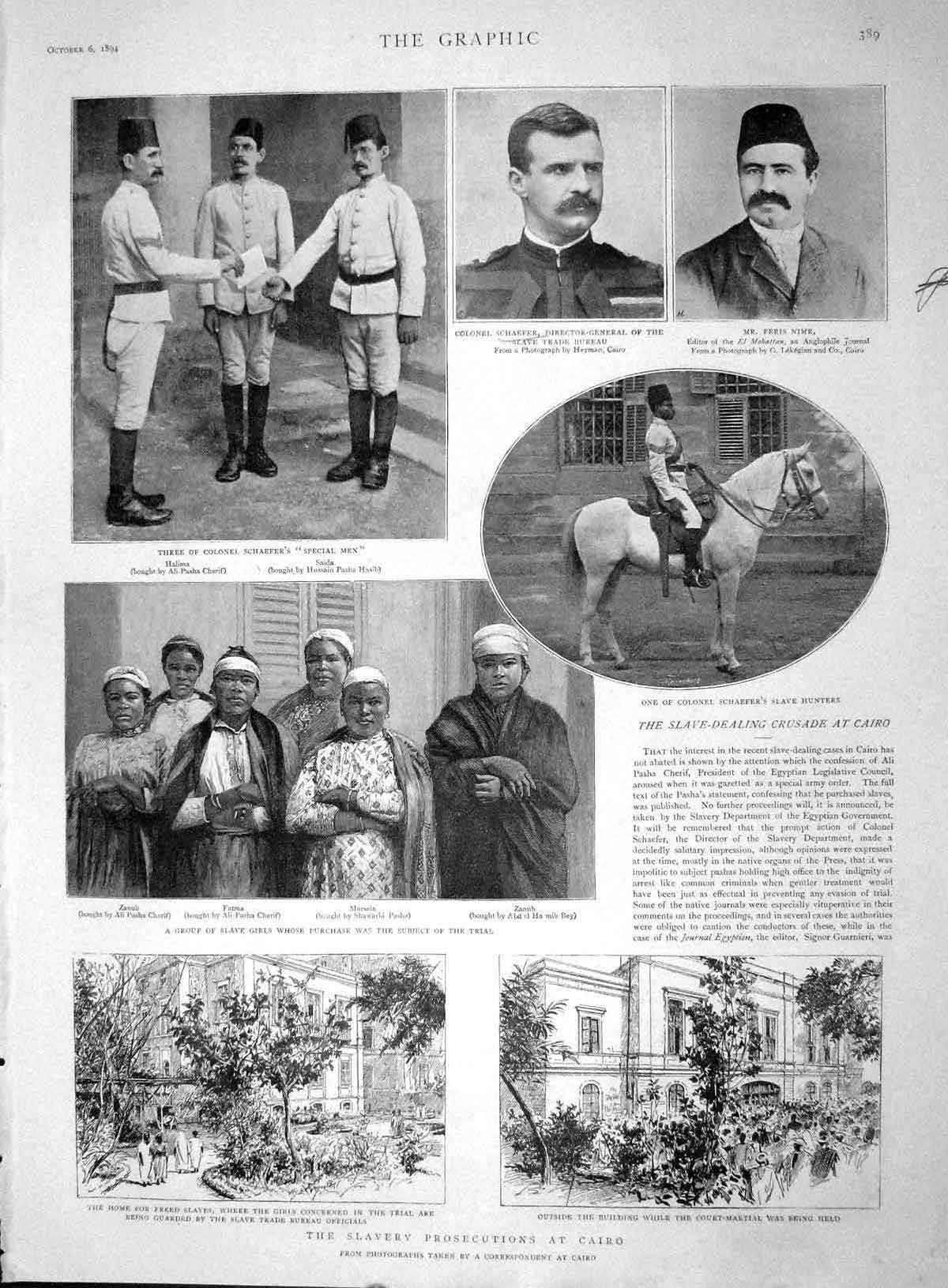 Original Old Antique Print 1894 Colonel Schaefer Cairo Slave Ali Pasha Cherif