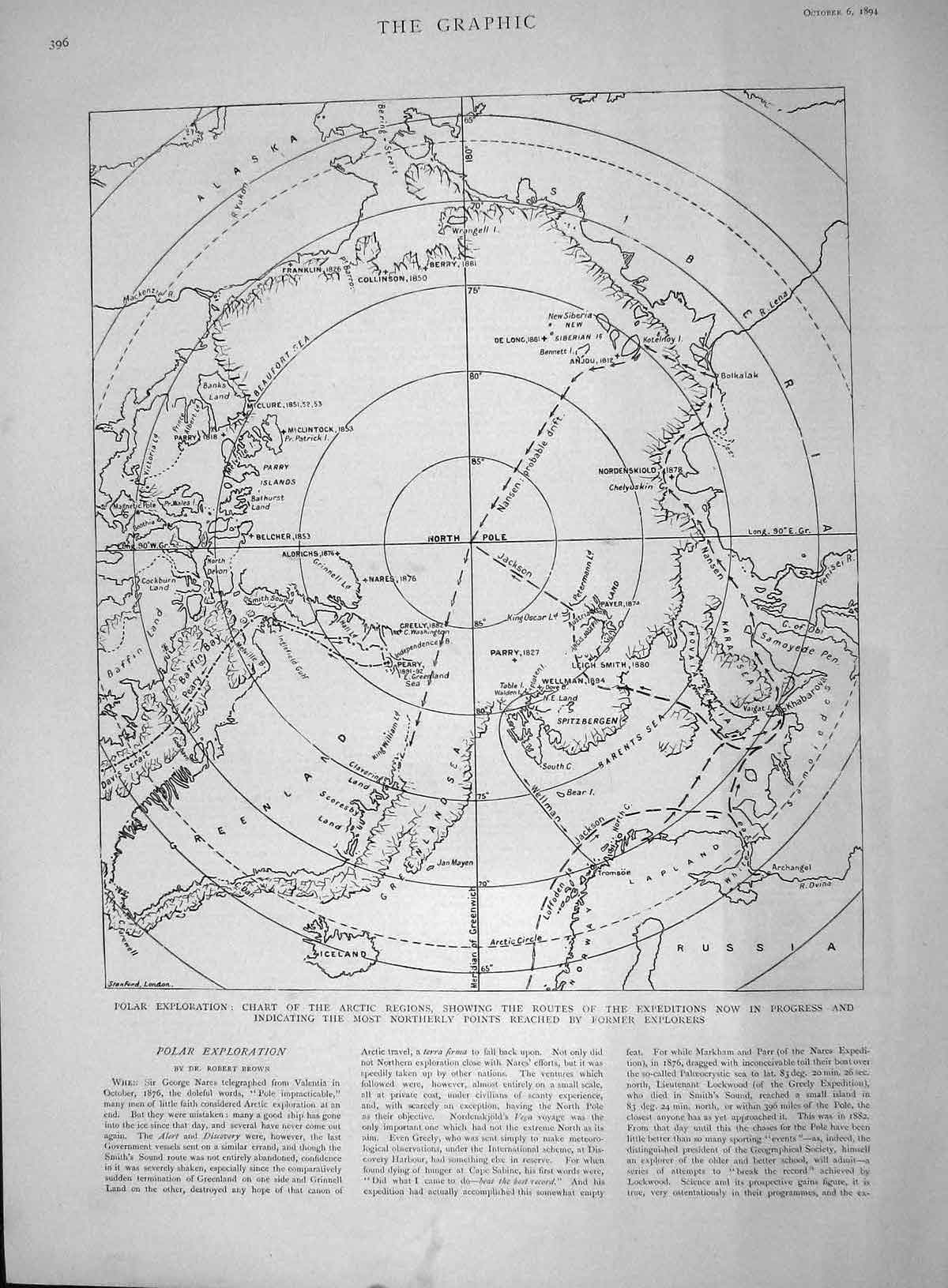 Original Old Antique Print 1894 Polar Exploration Chart Arctic Regions Expe 19th