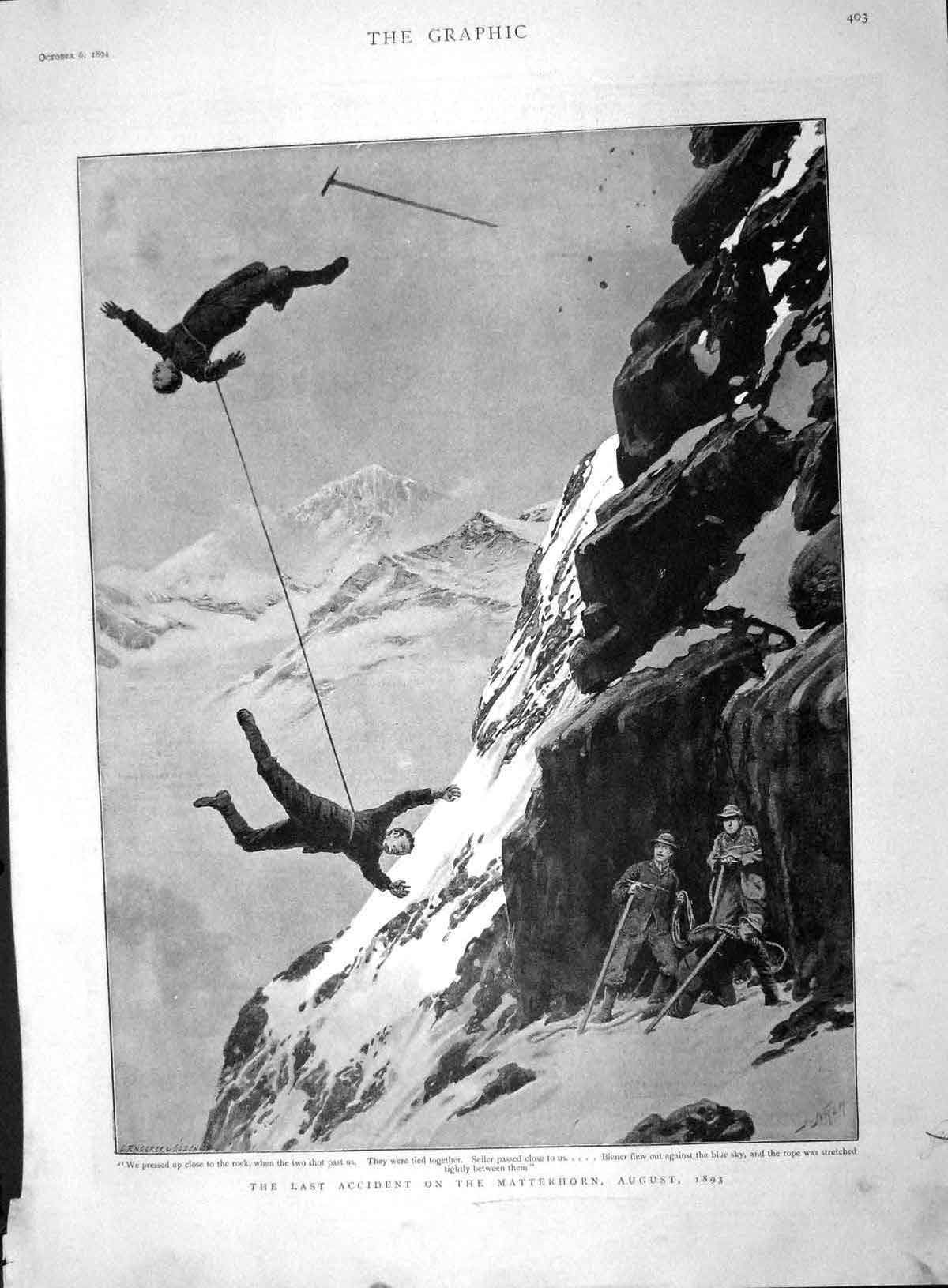 Old Antique Print 1894 Matterhorm Mountain Seiler Biener Fall Col Collon 19th