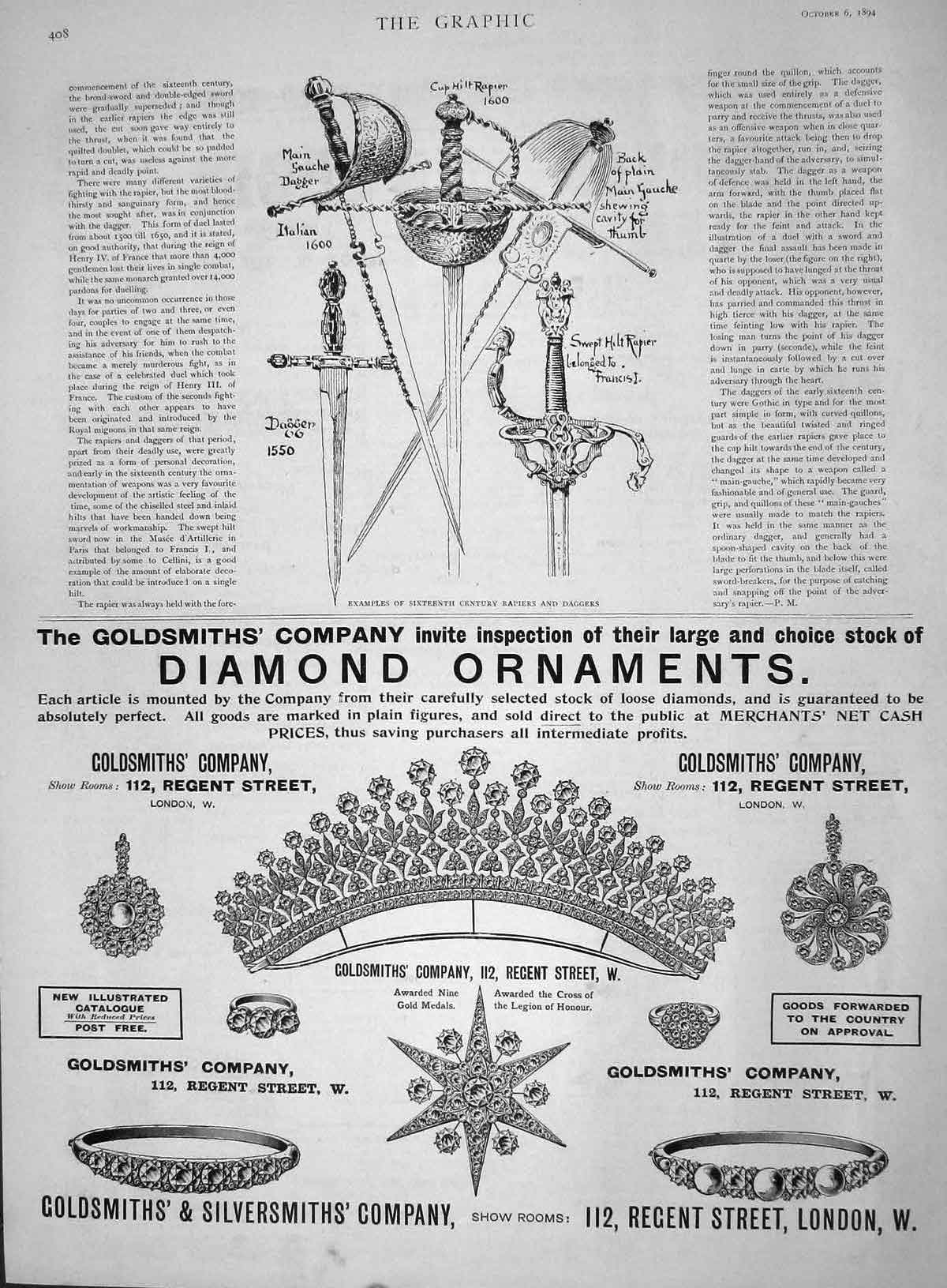 Original Old Antique Print 1894 Sixteenth Century Rapiers Daggers Gsmith London