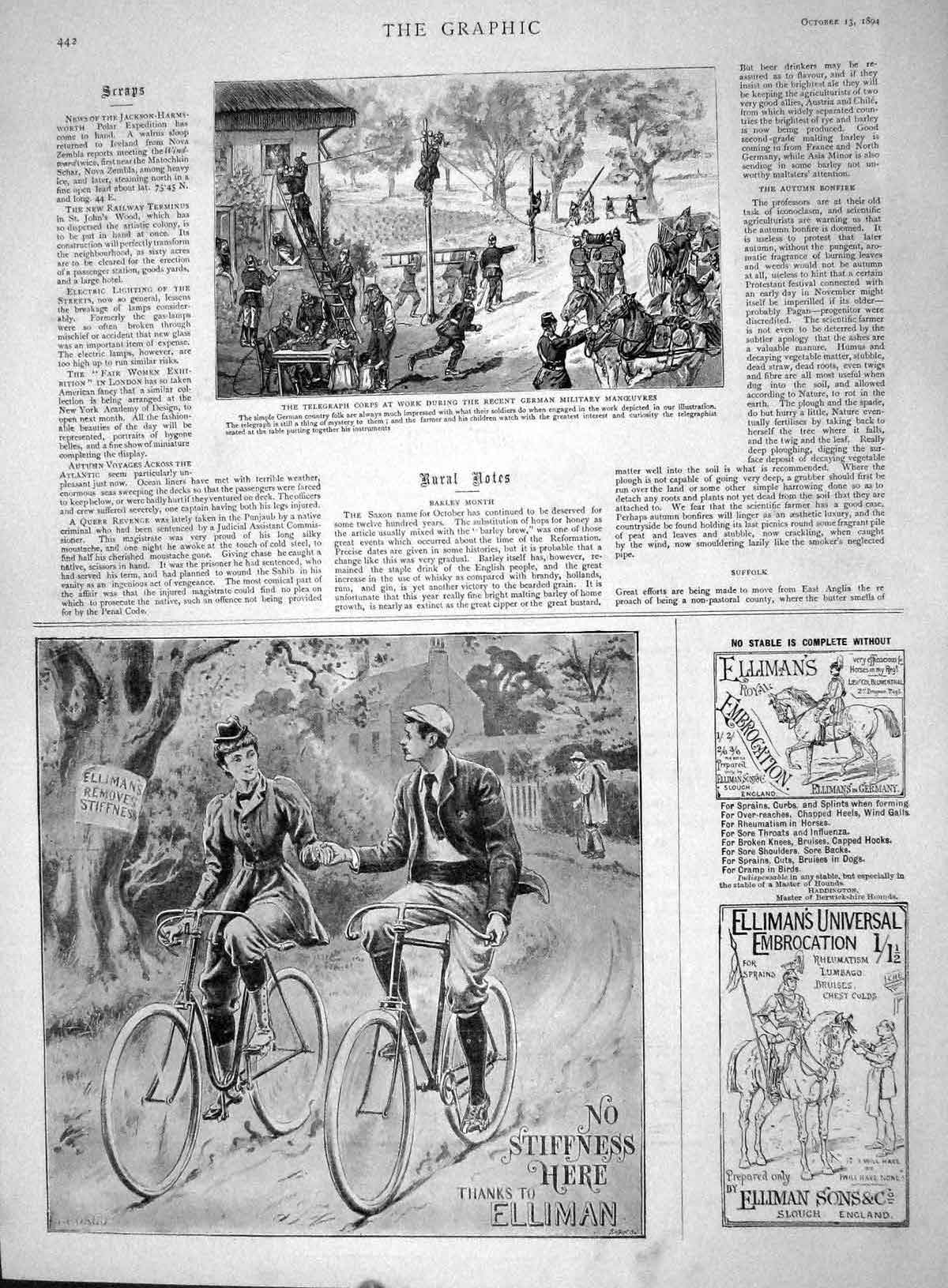 Original Old Antique Print 1894 Telegraph Corps German Military War Ellimans