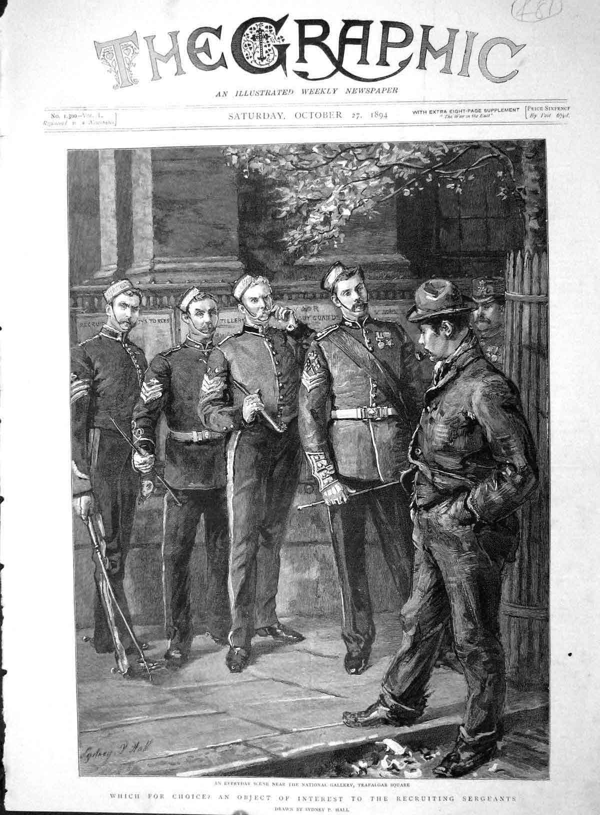 Old Antique Print 1894 Police Sergeants National Gallery Trafalgar Square 19th