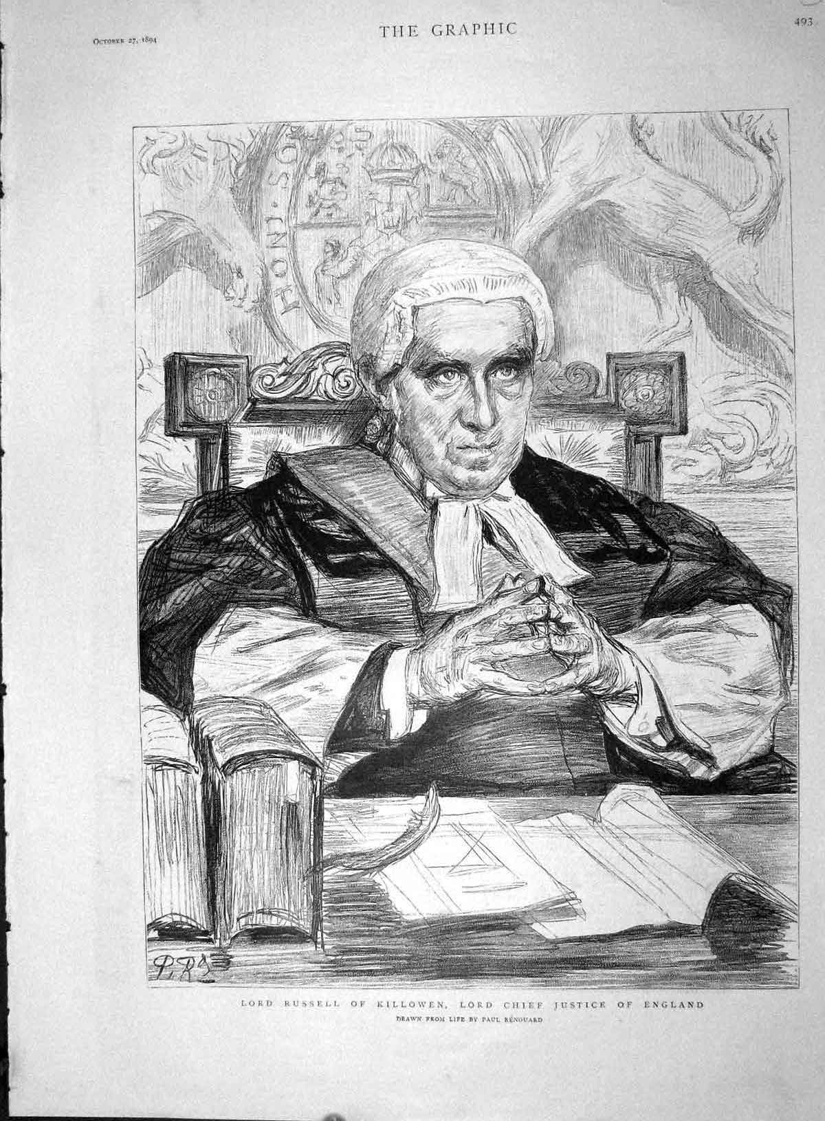Original Old Antique Print 1894 Lord Russell Killowen Lord Chief Justice 19th