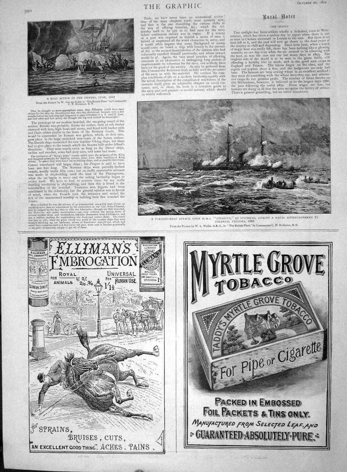 Original Old Antique Print 1894 Torpedo Ship Colossus Spithead Ellimans Tobacco