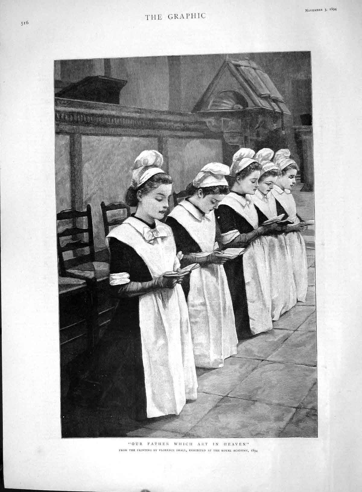 Old Antique Print 1894 Our Father Which Art In Heaven Girls Praying Small 19th