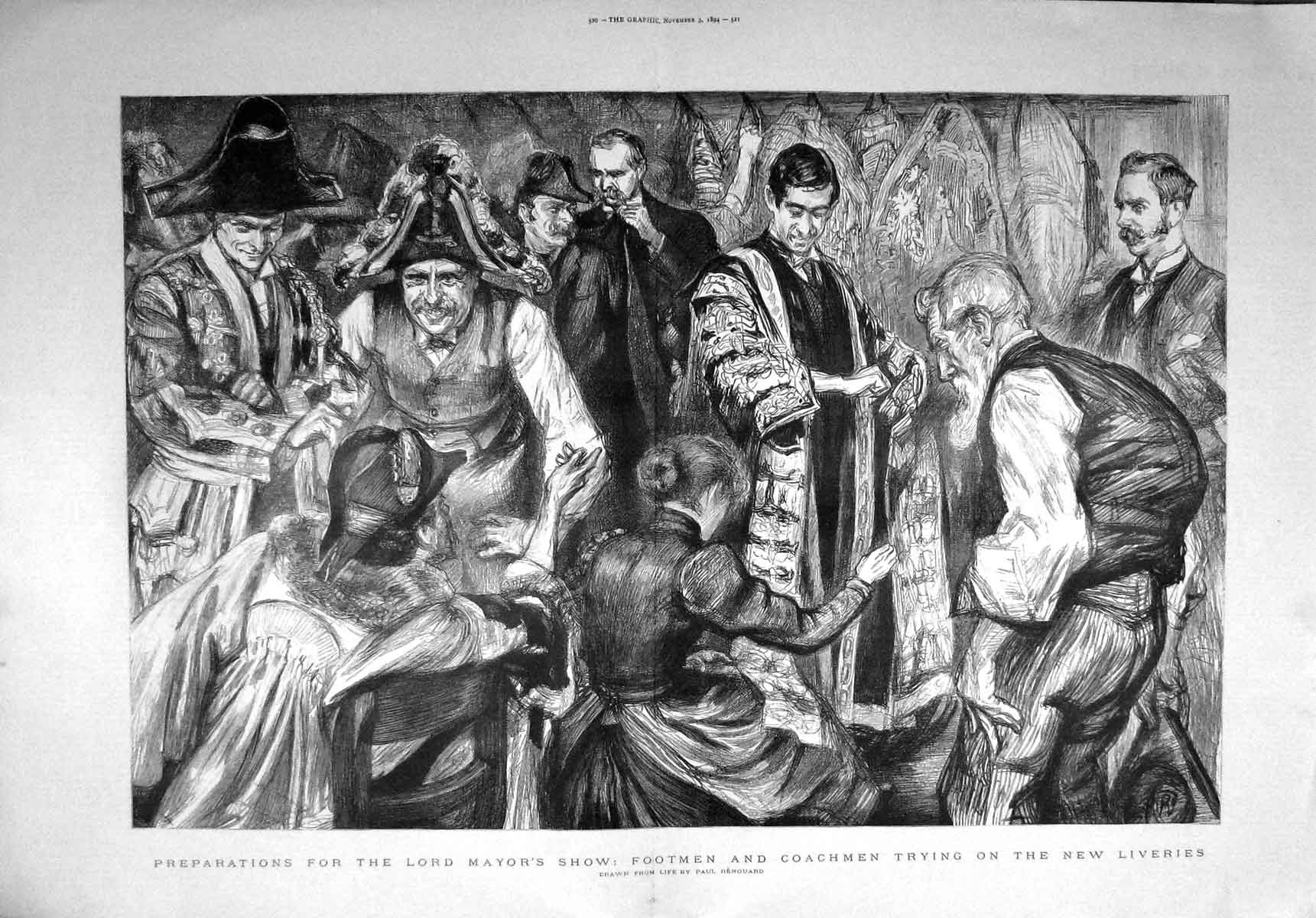 Original Old Antique Print 1894 Lord Mayor Show Footmen Coachmen Liveries 19th