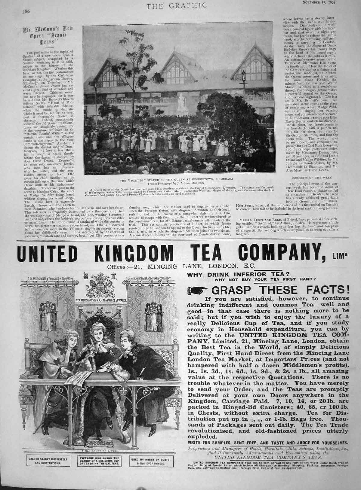 Original Old Antique Print 1894 Jubilee Statue Queen Georgetown Demerara Tea