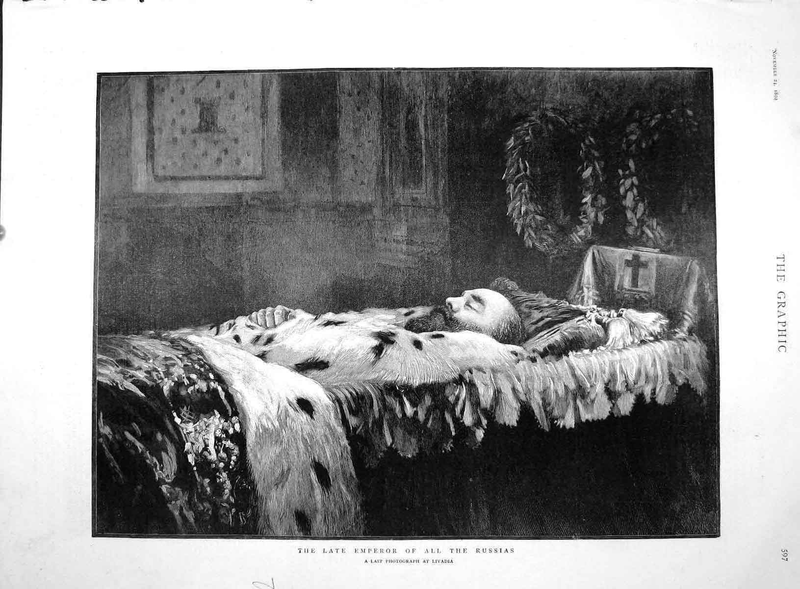 Original Old Antique Print 1894 Dead Body Lying State Emperor Russias Livadia