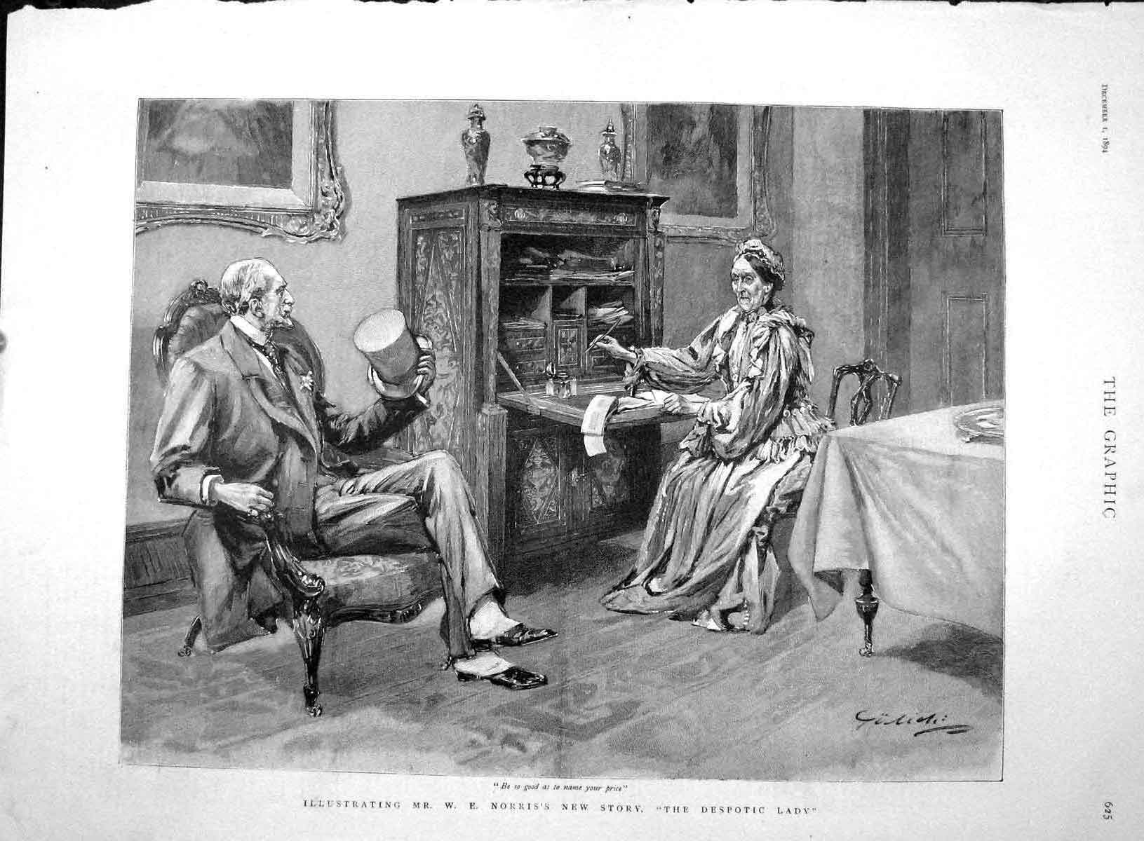 Original Old Antique Print 1894 Illustrating Norris Story Despotic Lady 19th