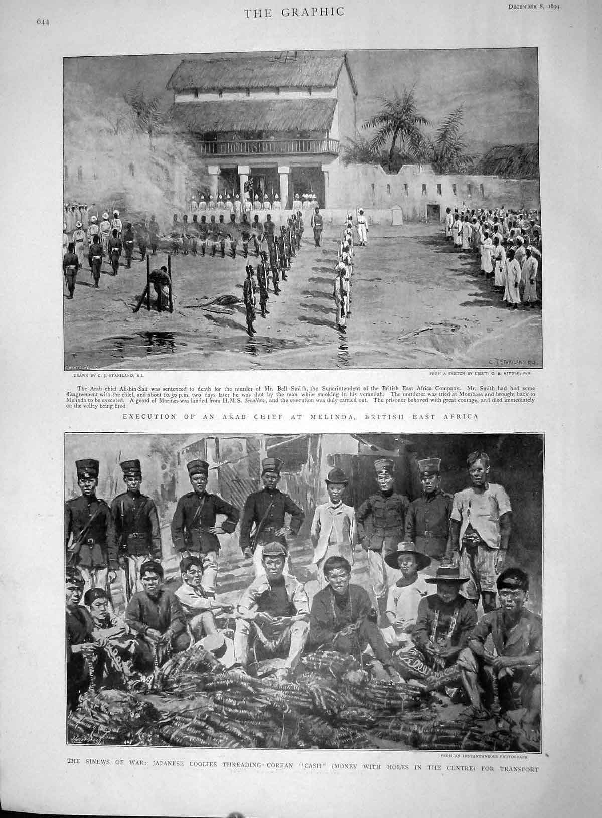 Old Antique Print 1894 Execution Arab Chief Melinda Africa Japan Coolies 19th