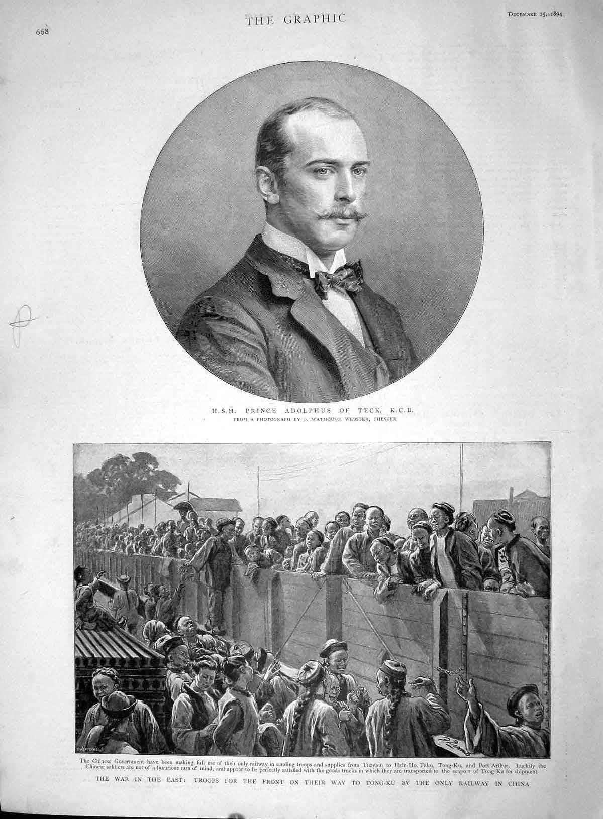 Original Old Antique Print 1894 Prince Adolphus Teck War Siers Tong-K Victorian