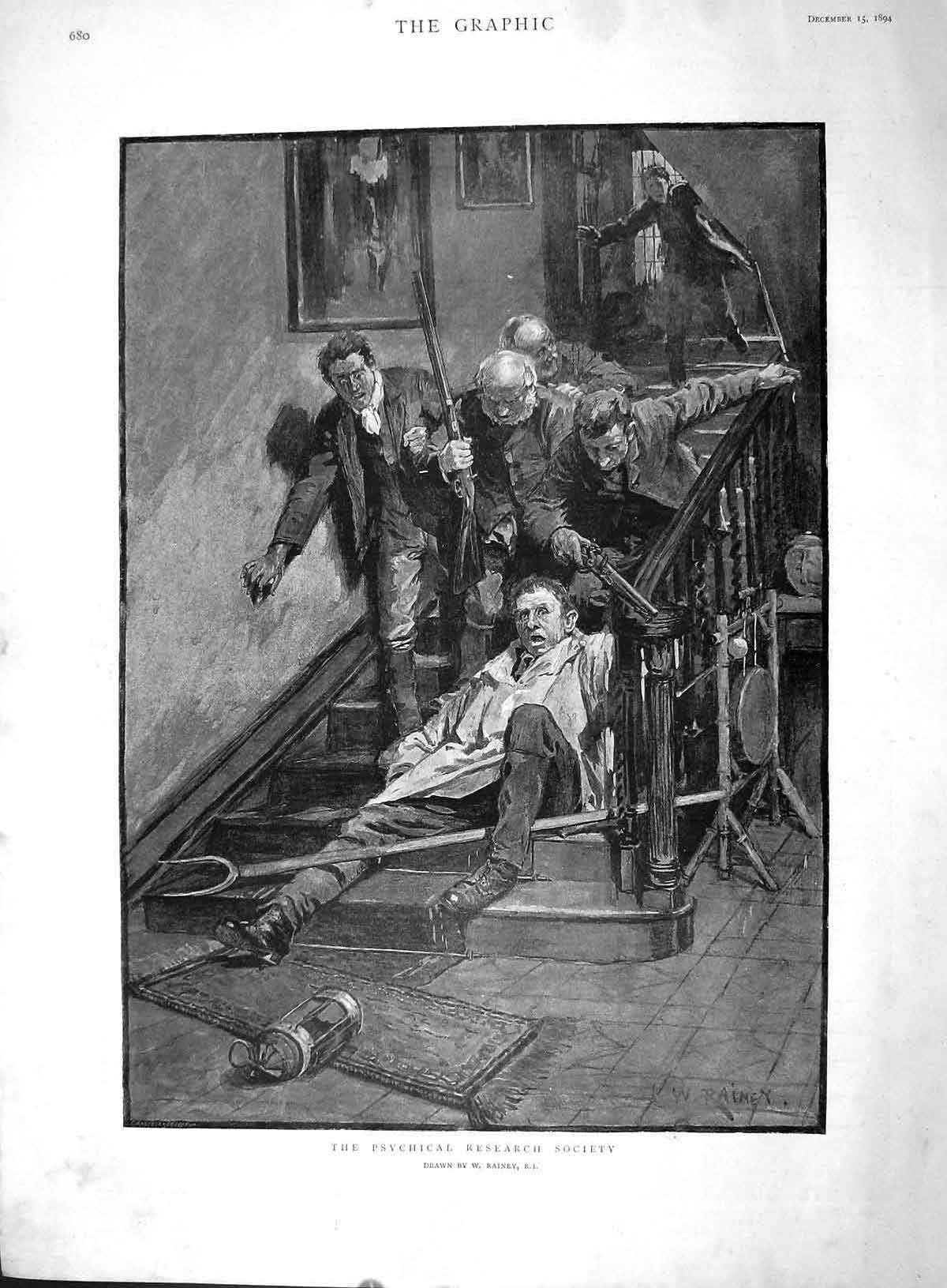 Old Antique Print 1894 Psychical Research Society Men Guns Stairs House 19th