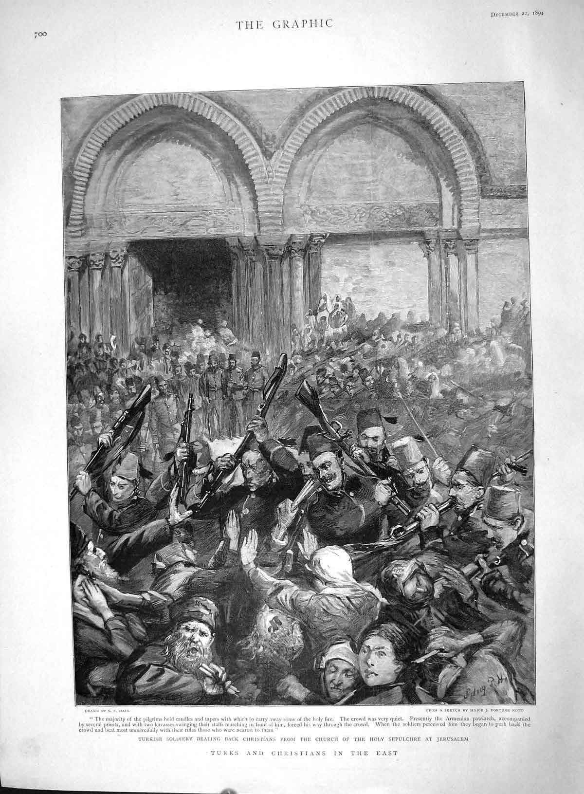 Original Old Antique Print 1894 Turks Christians Siers Church Holy Jerusalem