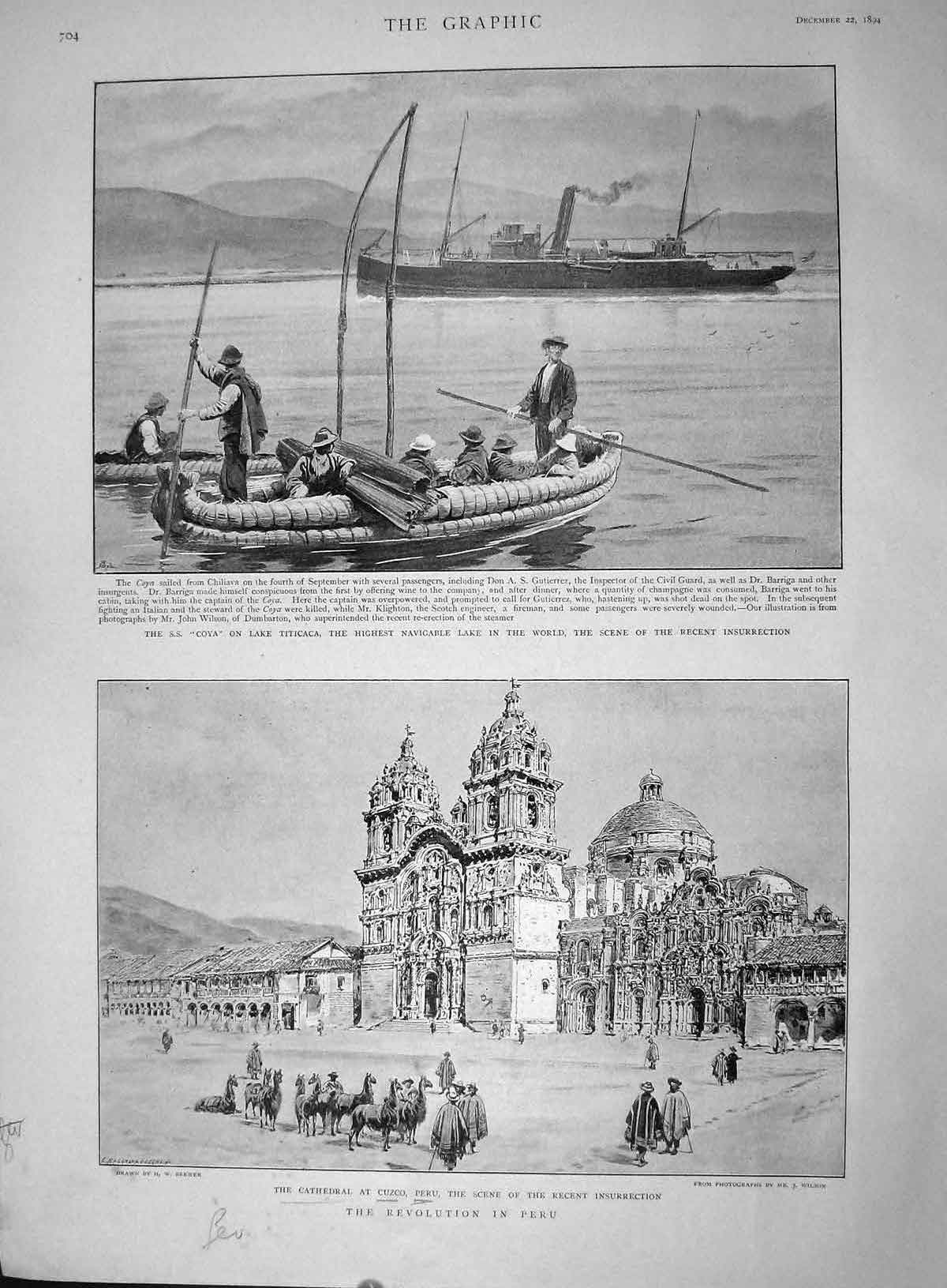 Old Antique Print 1894 Ship S.S. Coya Lake Titicaca Cathedral Cuzco Peru 19th