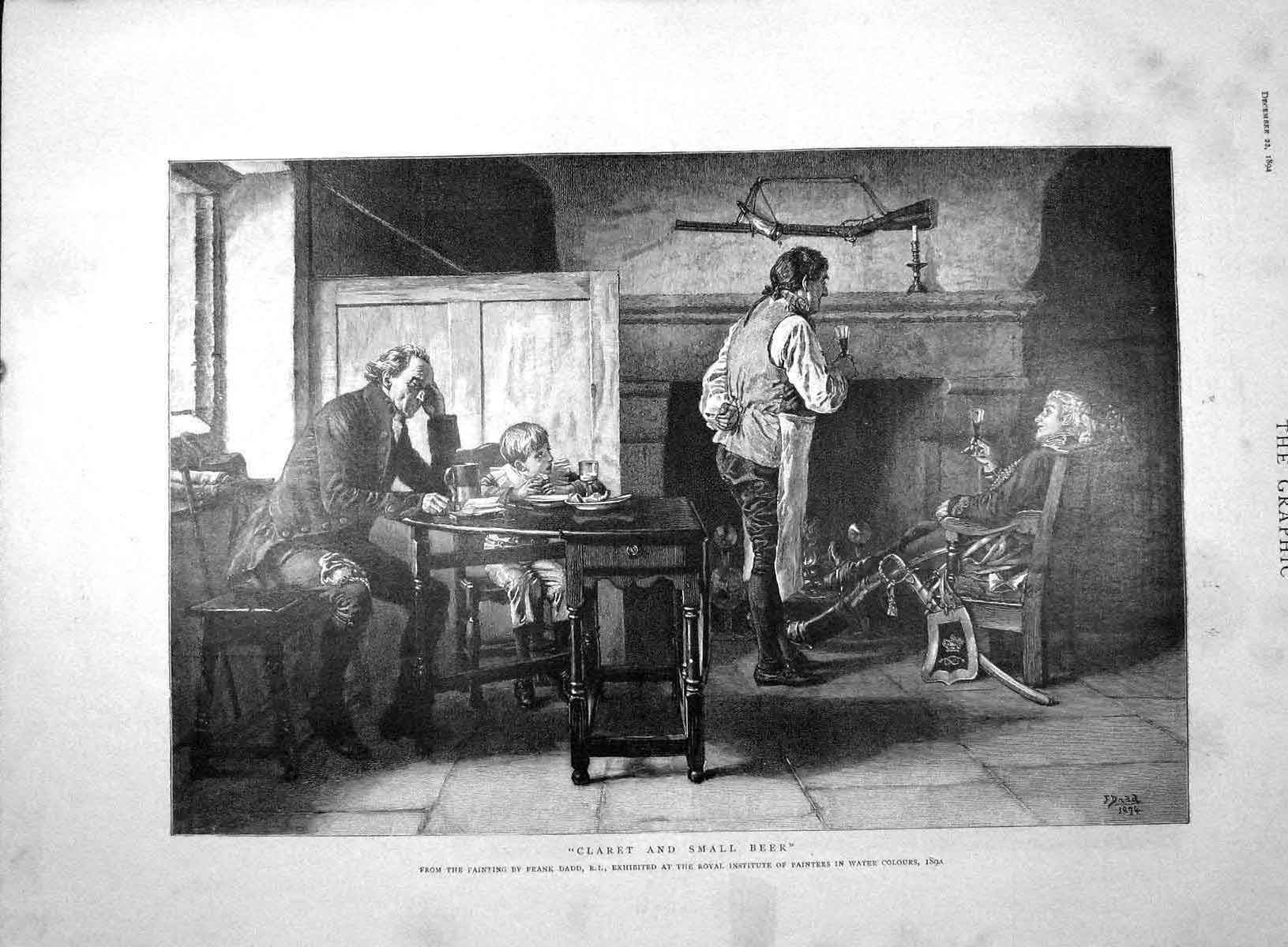 Original Old Antique Print 1894 Men Meeting Table Little Boy Claret Wine Beer