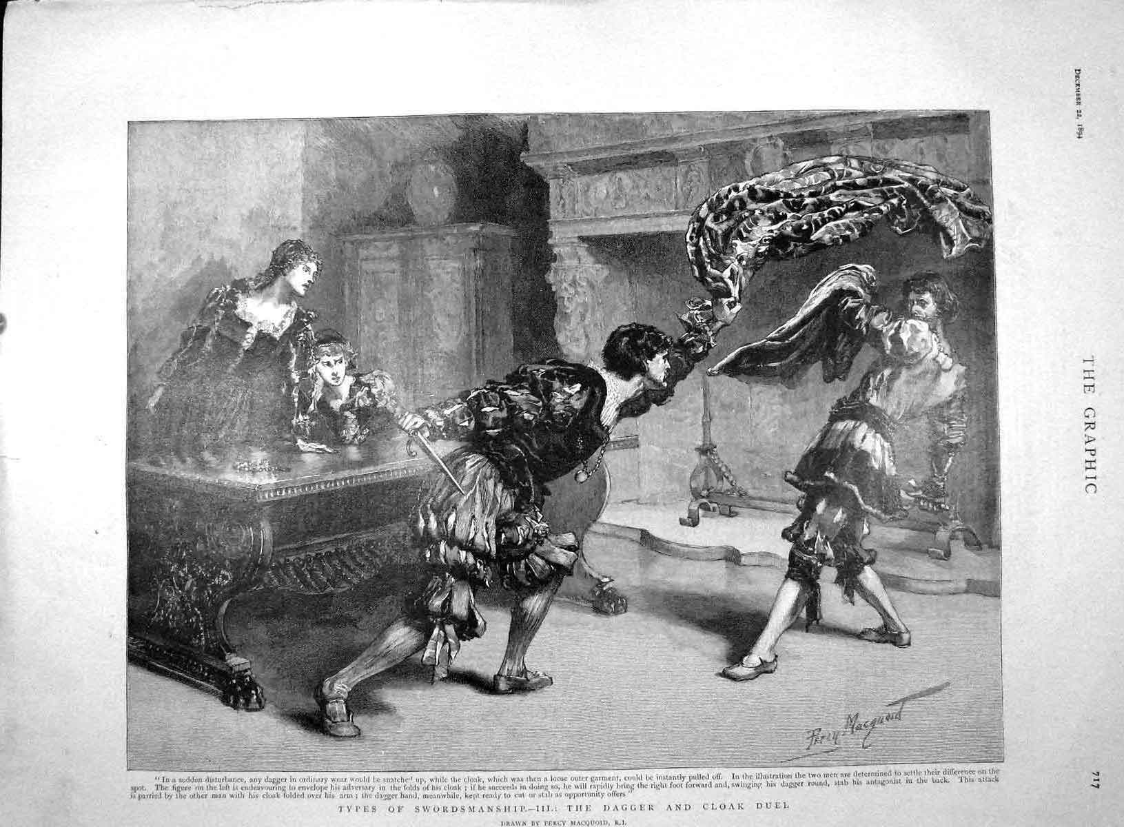 Original Old Antique Print 1894 Swordmanship Dagger Cloak Duel Percy M Victorian