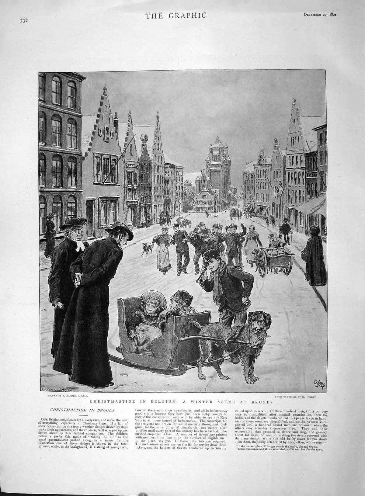 Original Old Antique Print 1894 Christmas Belgium Winter Scene Bruges Belgium