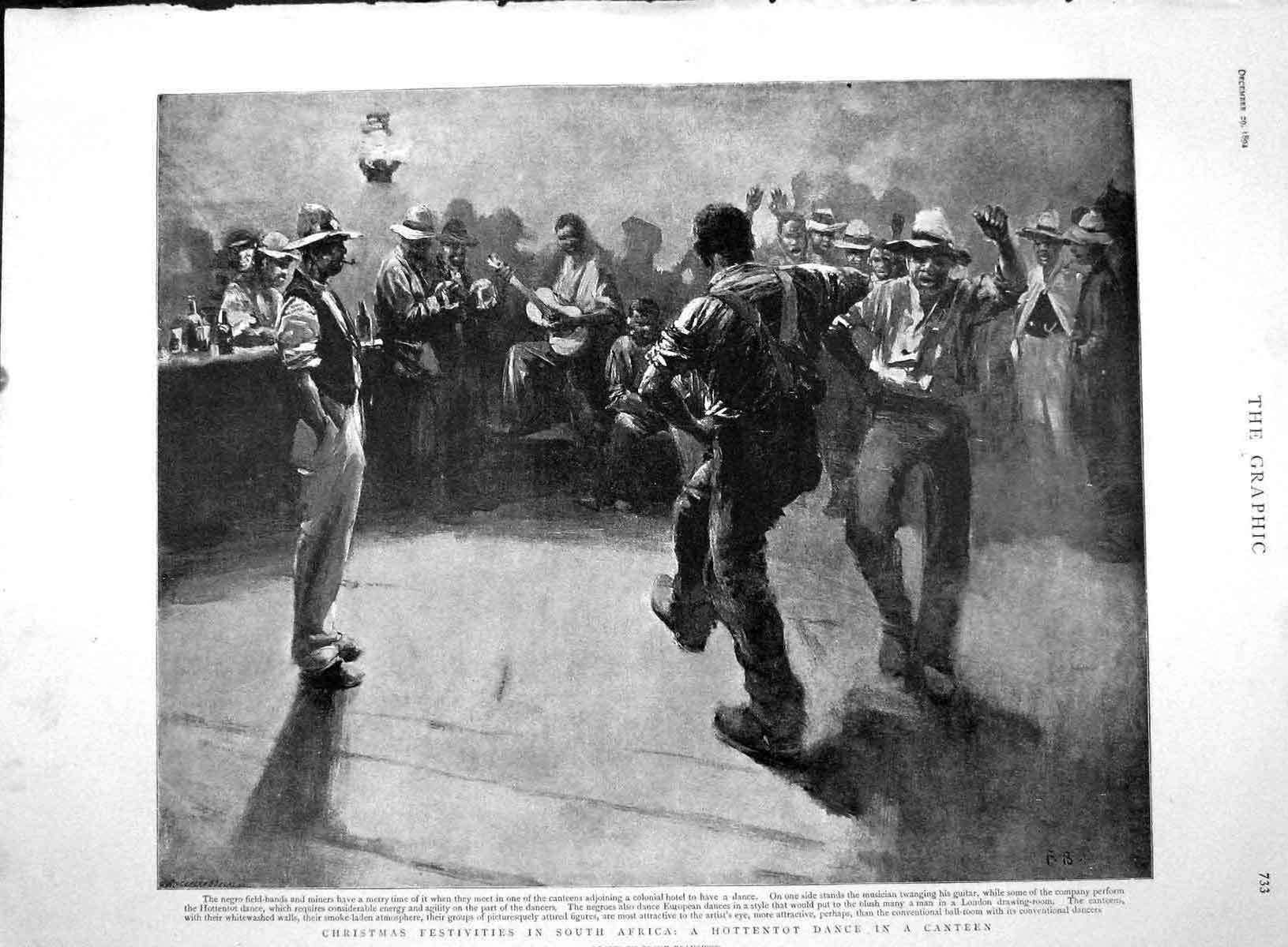 Old Antique Print 1894 Christmas Festivities South Africa Hottentot Dance 19th