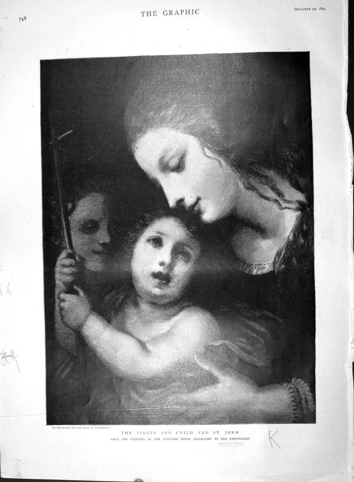 Original Old Antique Print 1894 Portrait Virgin Mother Child S 19th