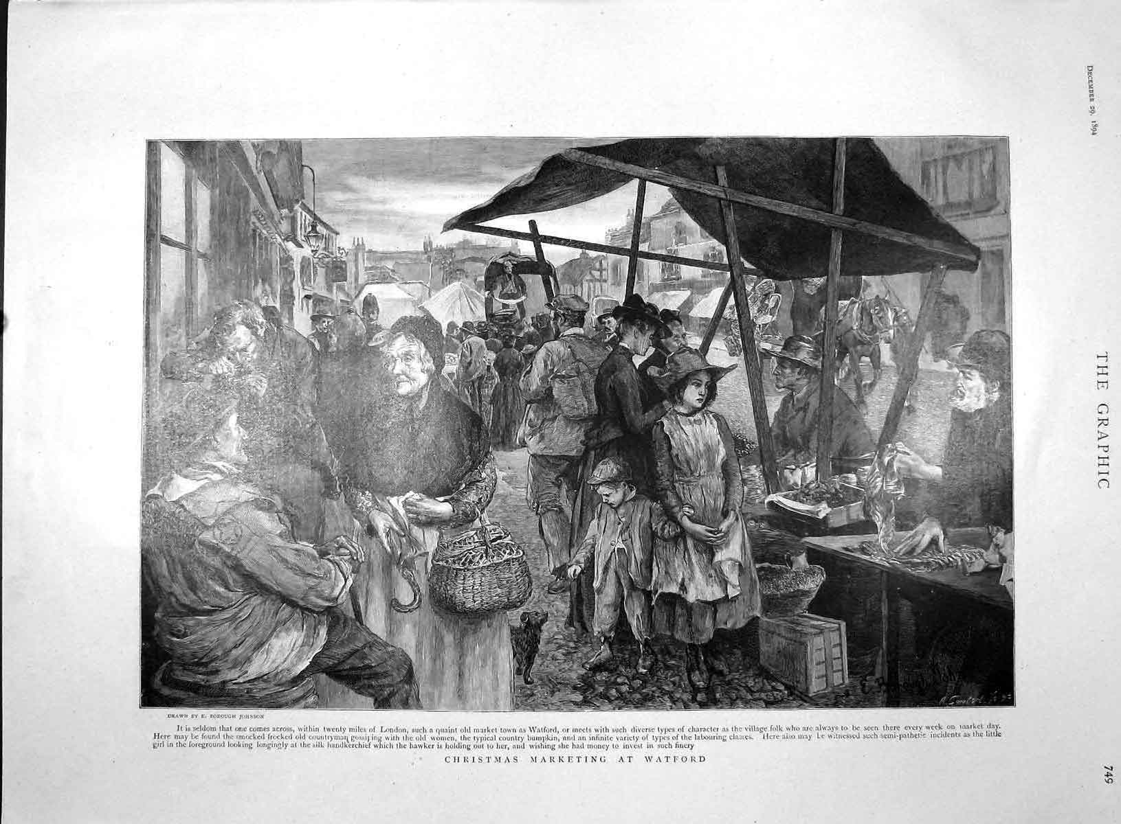 Original Old Antique Print 1894 Christmas Market Watford Stalls Silk Hank 19th