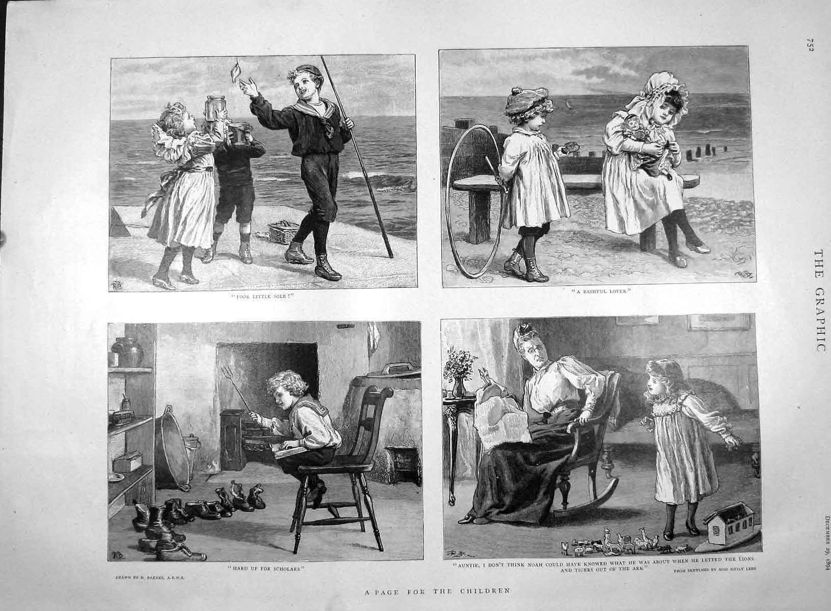 Original Old Antique Print 1894 Children Beach Seaside School Boy Victorian