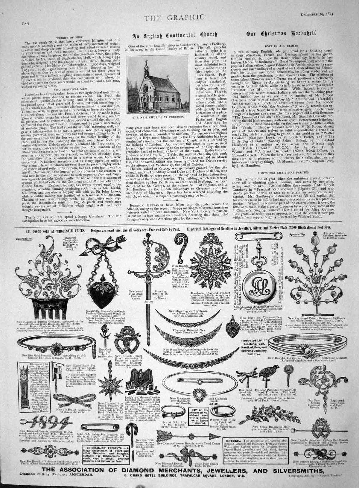 Original Old Antique Print 1894 Church Freiburg Advertisement Diamond Merchants