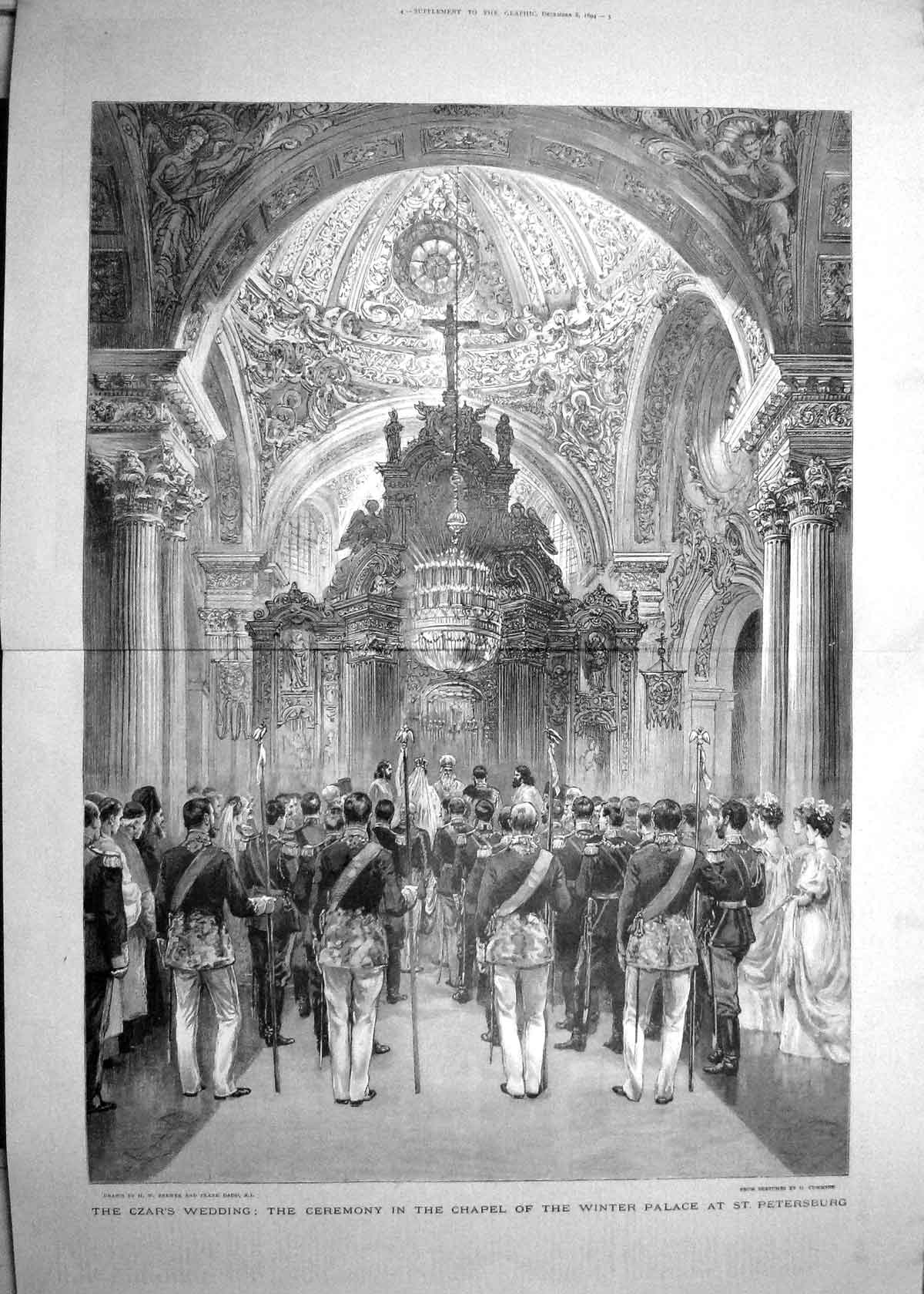 Original Old Antique Print 1894 Czar Wedding Chapel Winter Palace Petersburg