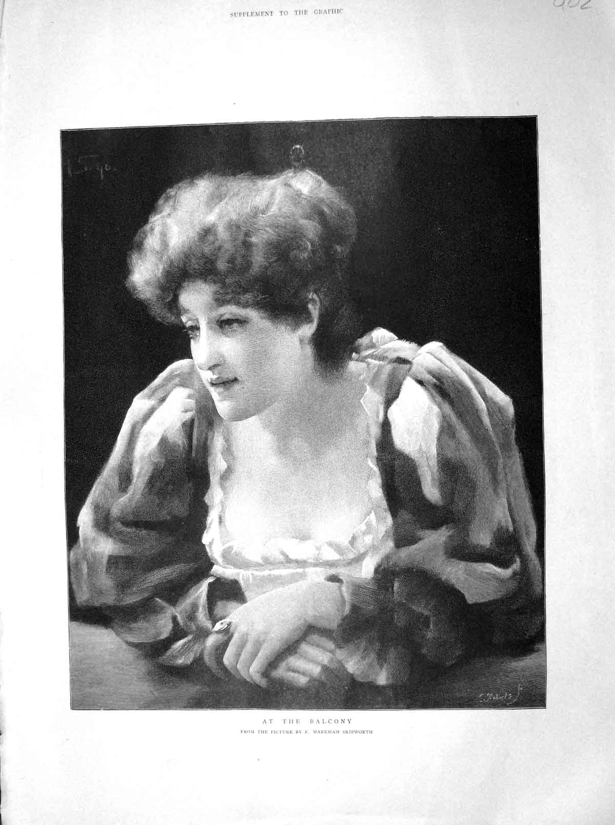 Original Old Antique Print 1894 Portrait Beautiful Lady Theatre Balcony 19th