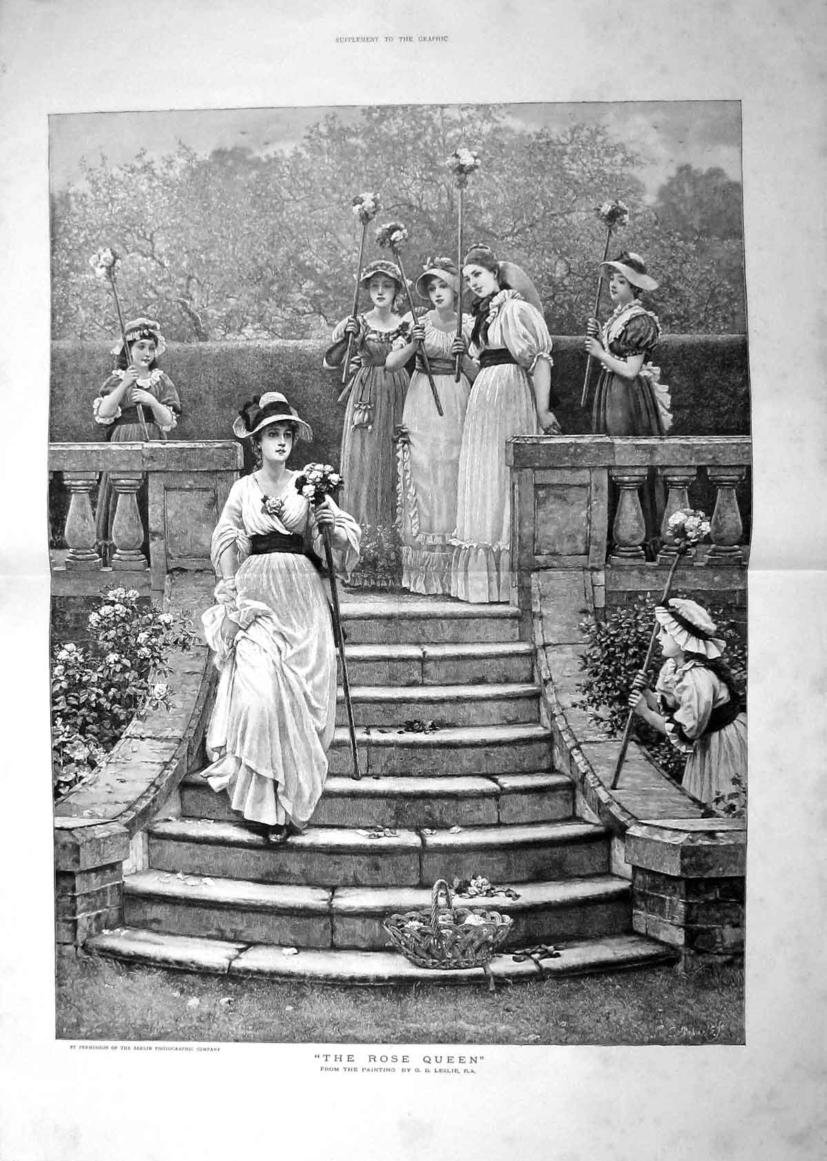 Original Old Antique Print 1894 Rose Queen Young Women Flowers Leslie Fine Art