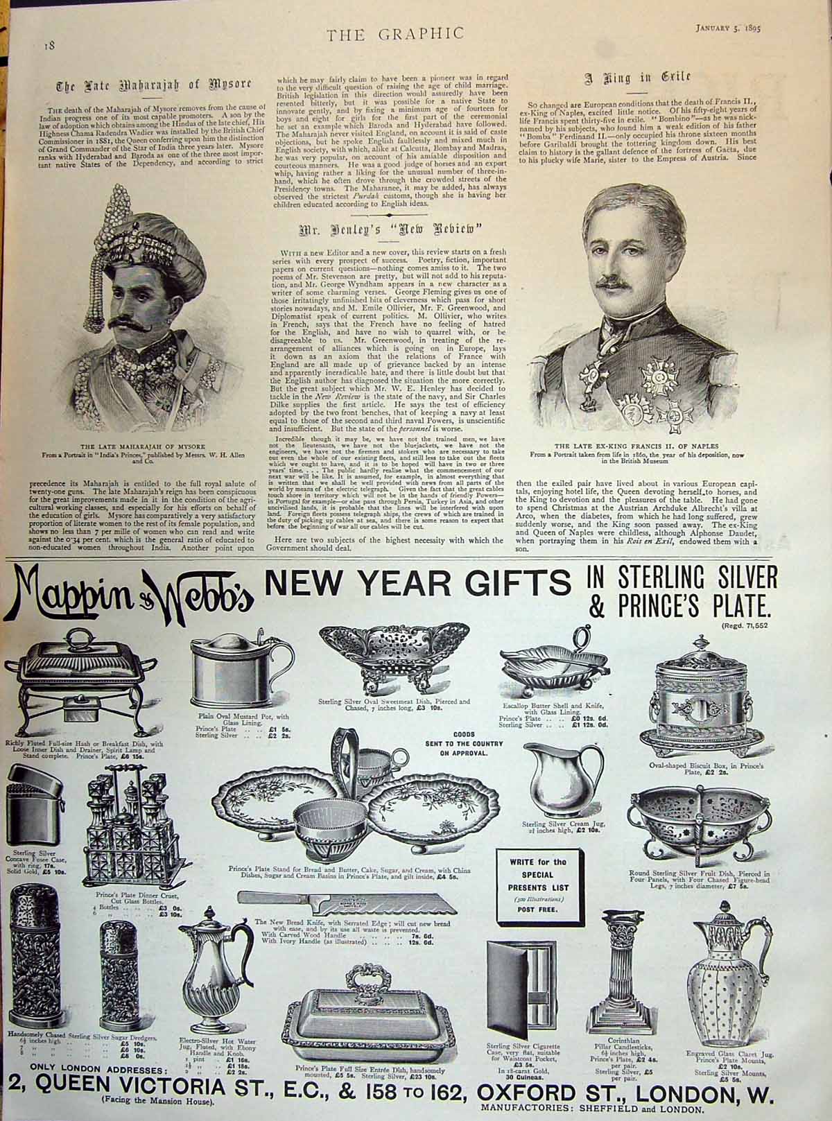 Antique Print 1895 Late Maharajah Mysore Ex-King Francis Naples Mappin Webb