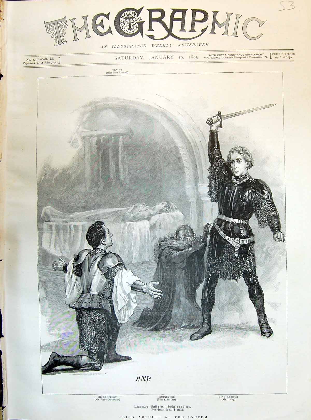 Old Print 1895 King Arthur Sword Weapon At Lyceum Sir Lancelor Guinevere 19th