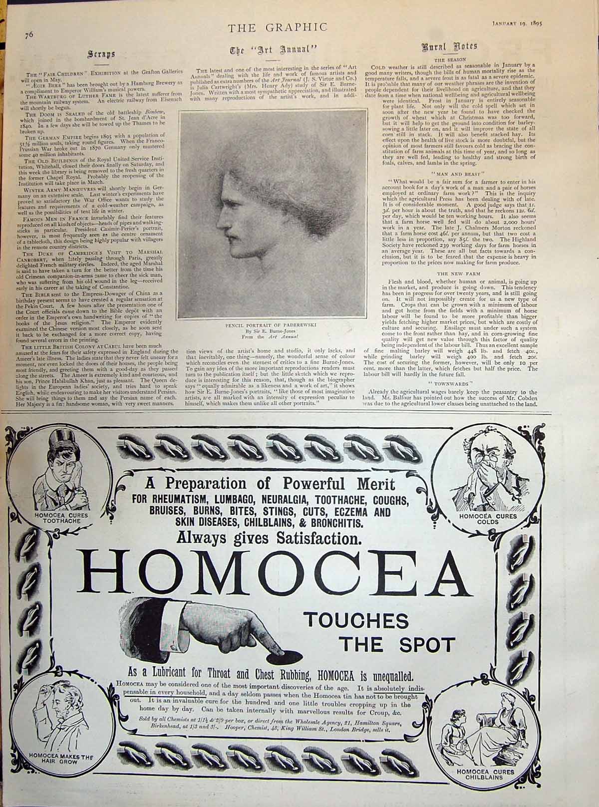 Old Antique Print 1895 Pencil Portrait Paderewski Homocea Advertisement 19th