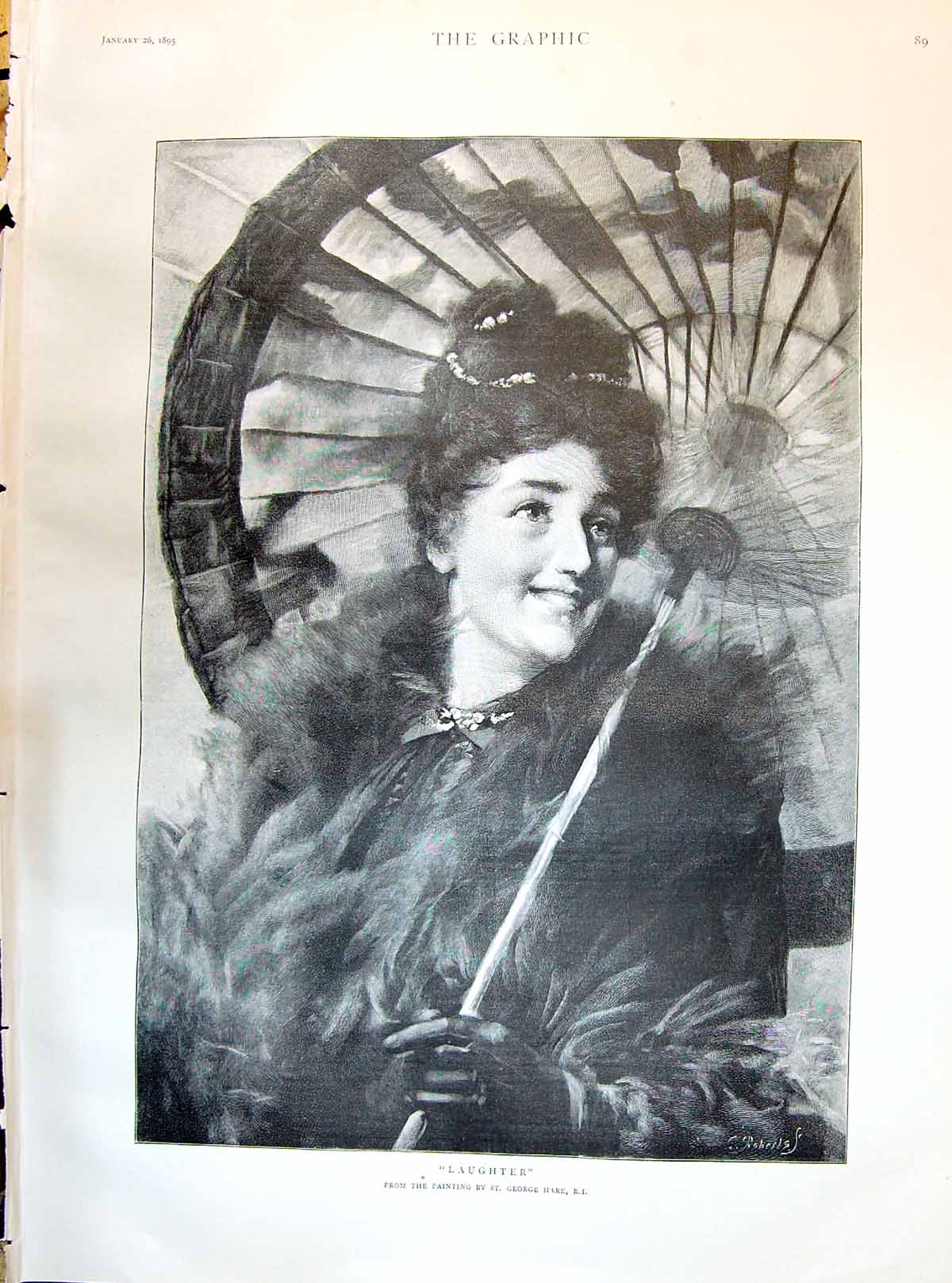 Antique Old Print 1895 Laughter George Hare Painting Beautiful Woman Portrait