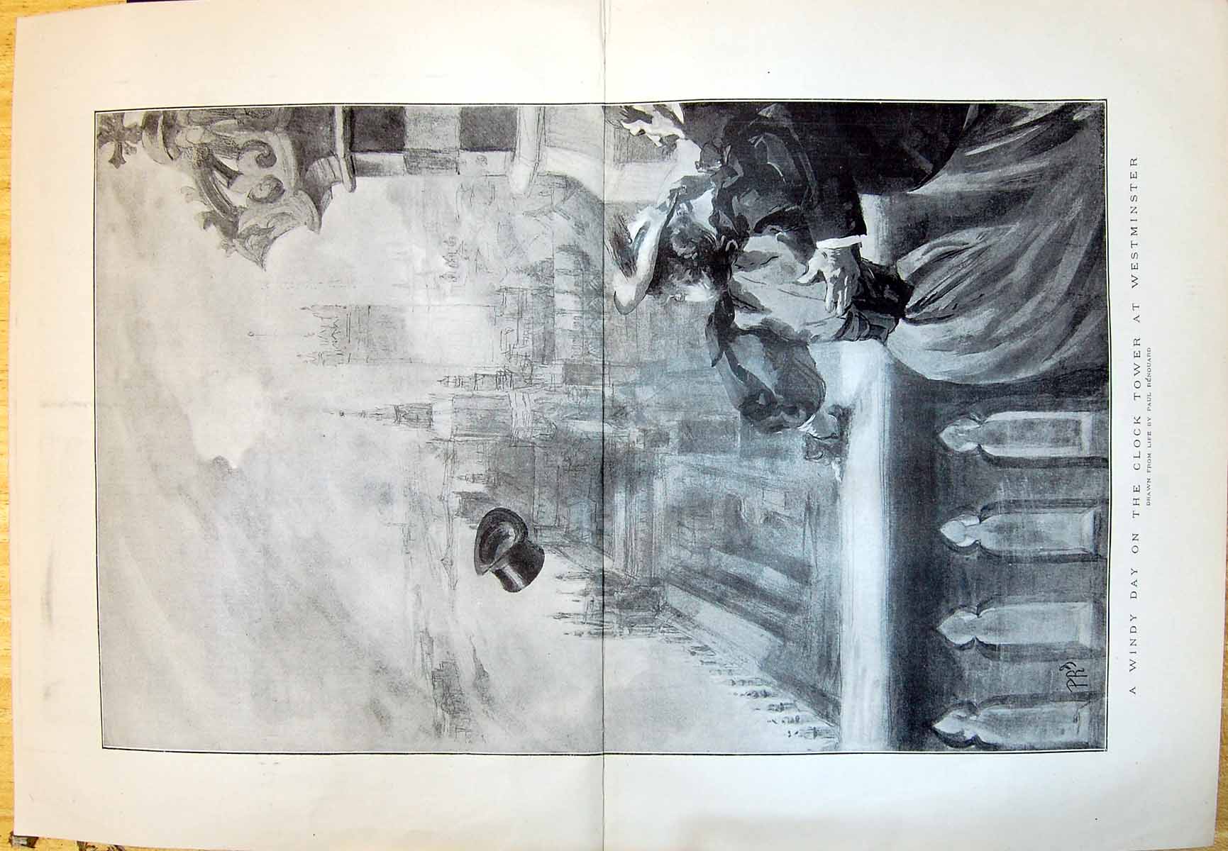 Old 1895 Windy Day Clock Tower Westminster Hat Blown Man Woman Paul R 19th