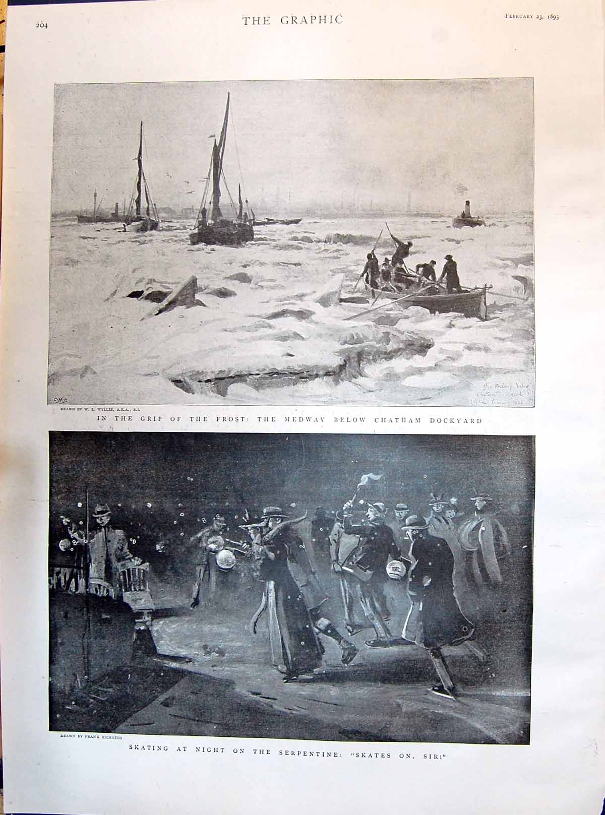 Old 1895 Frost Sea Boats Medway Below Chatham Dockyard Night Skating Victorian