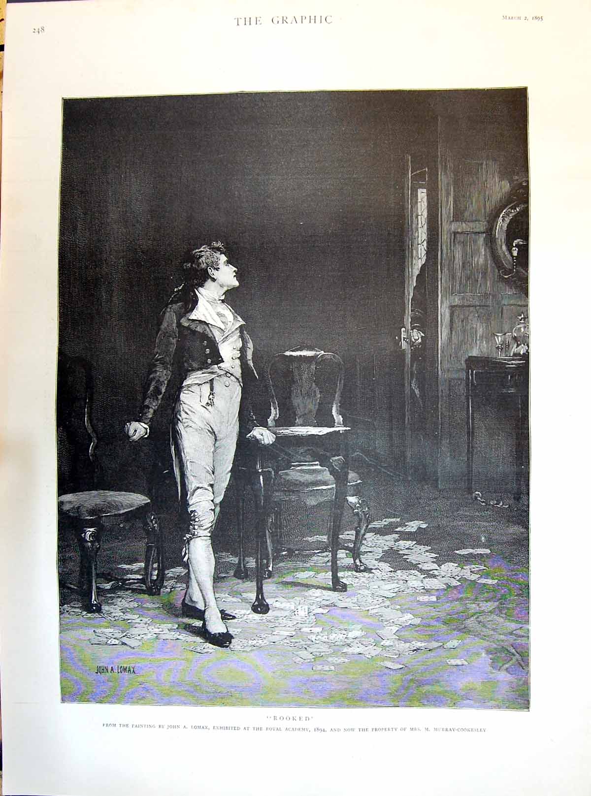 Antique Old Print 1895 Rooked Painting John Lomaz Young Man Indoor Card Scene