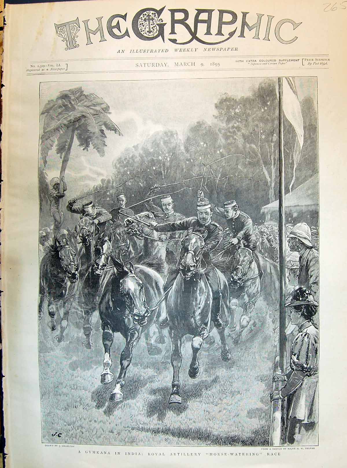 Old Print 1895 Gymkana India Royal Artillery Horse-Watering Race Charlton 19th