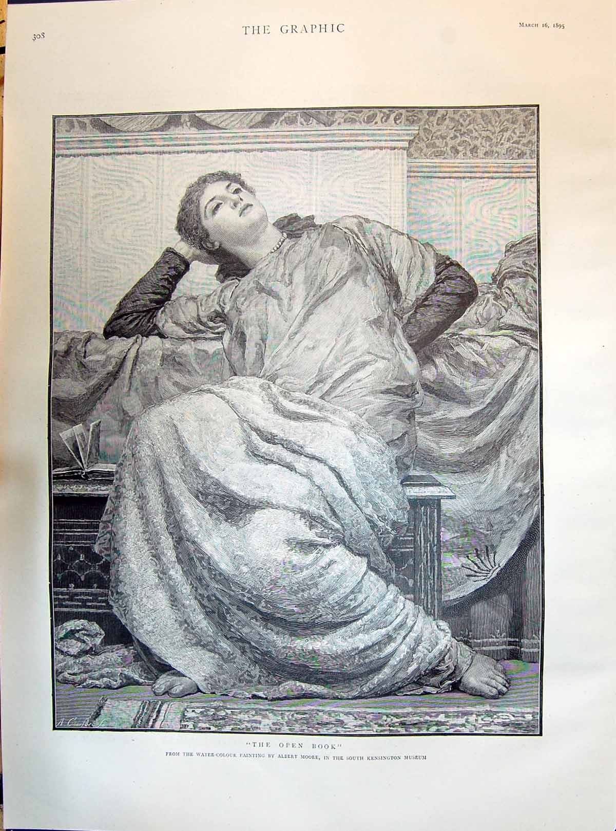 Antique Old Print 1895 Open Book Water-Painting Albert Moore Beautiful Woman