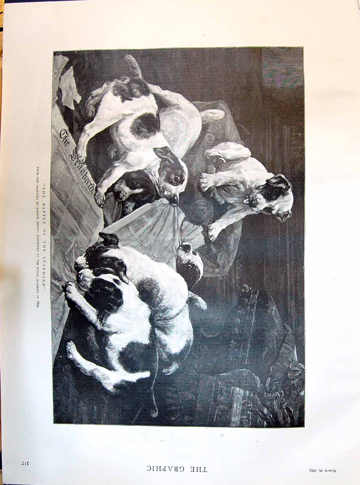 Old 1895 Battle The Standard Dogs Animals Pets Fannie Moody Painting Victorian