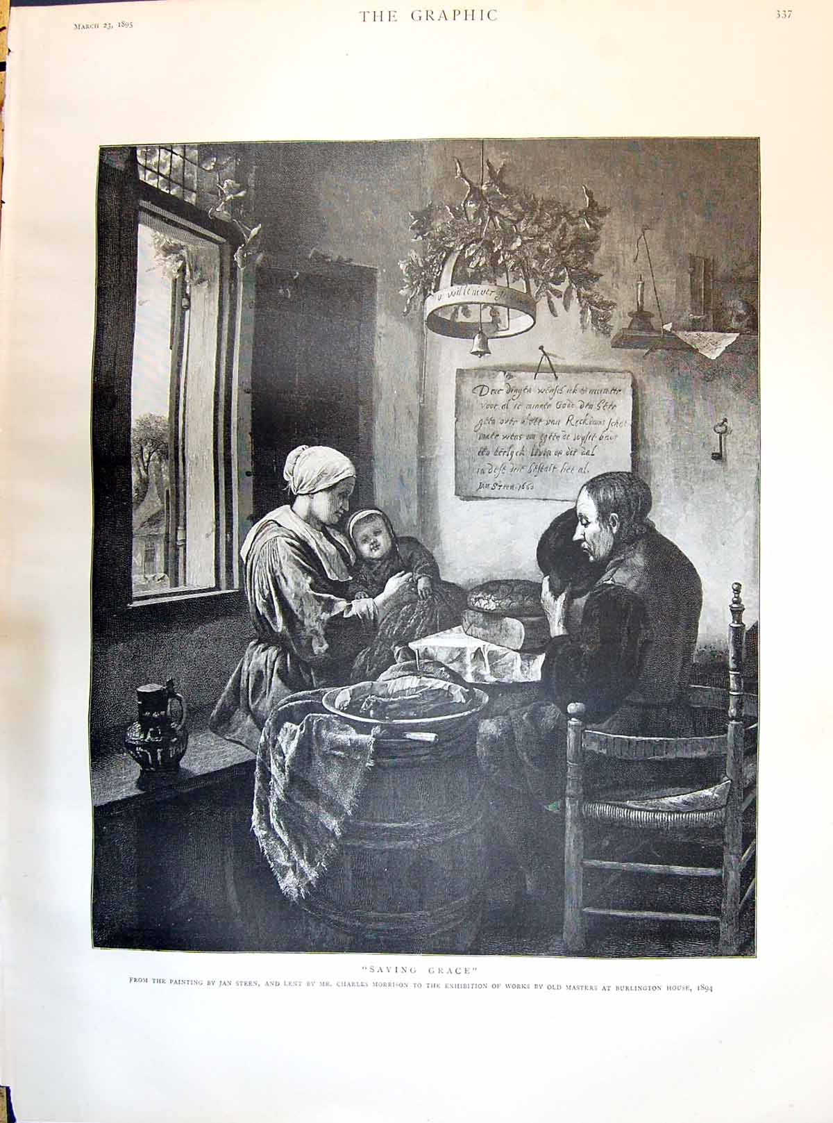 Antique Old Print 1895 Saying Grace Woman Man Child Dinner Table Indoor Scene
