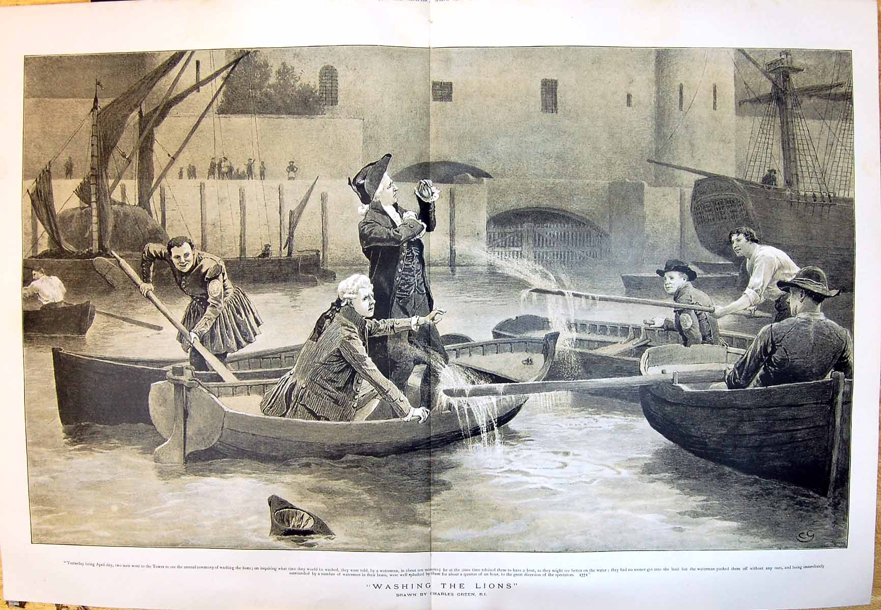 Old 1895 Washing Lions Ceremony Charles Green Men Little Boats Waterm 19th