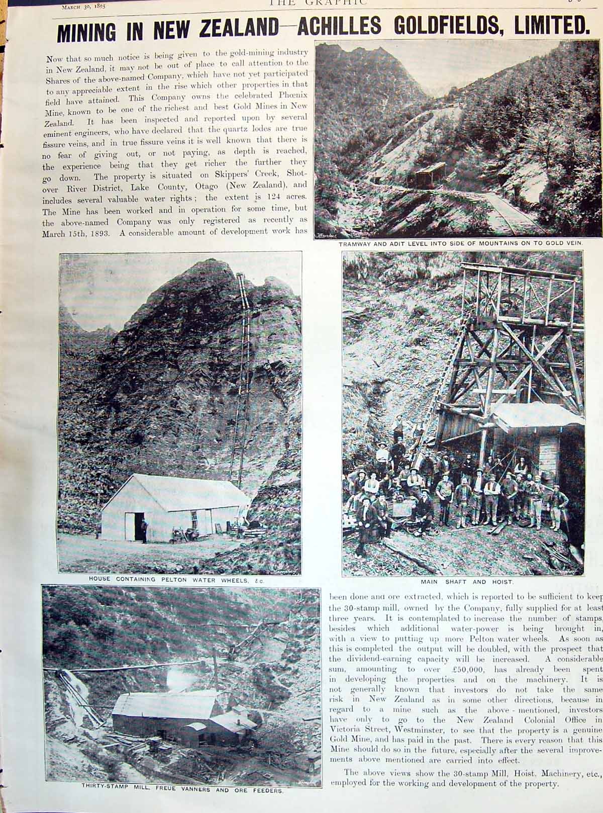 Old Print 1895 Mining In New Zealand Achilles Gfields Limited Shaft Hois 19th