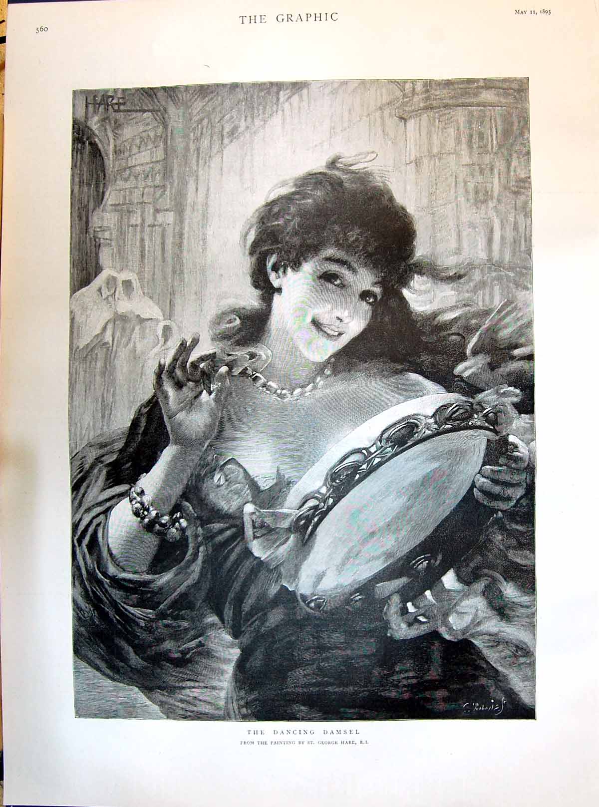 Antique Old Print 1895 Dancing Damsel Beautiful Woman George Hare Painting 19th