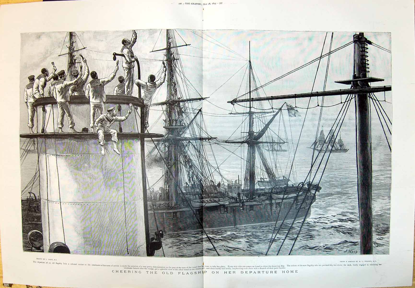 Old Print 1895 Cheering Flagship Ship Departure Home Voyage Nash Wildey 19th
