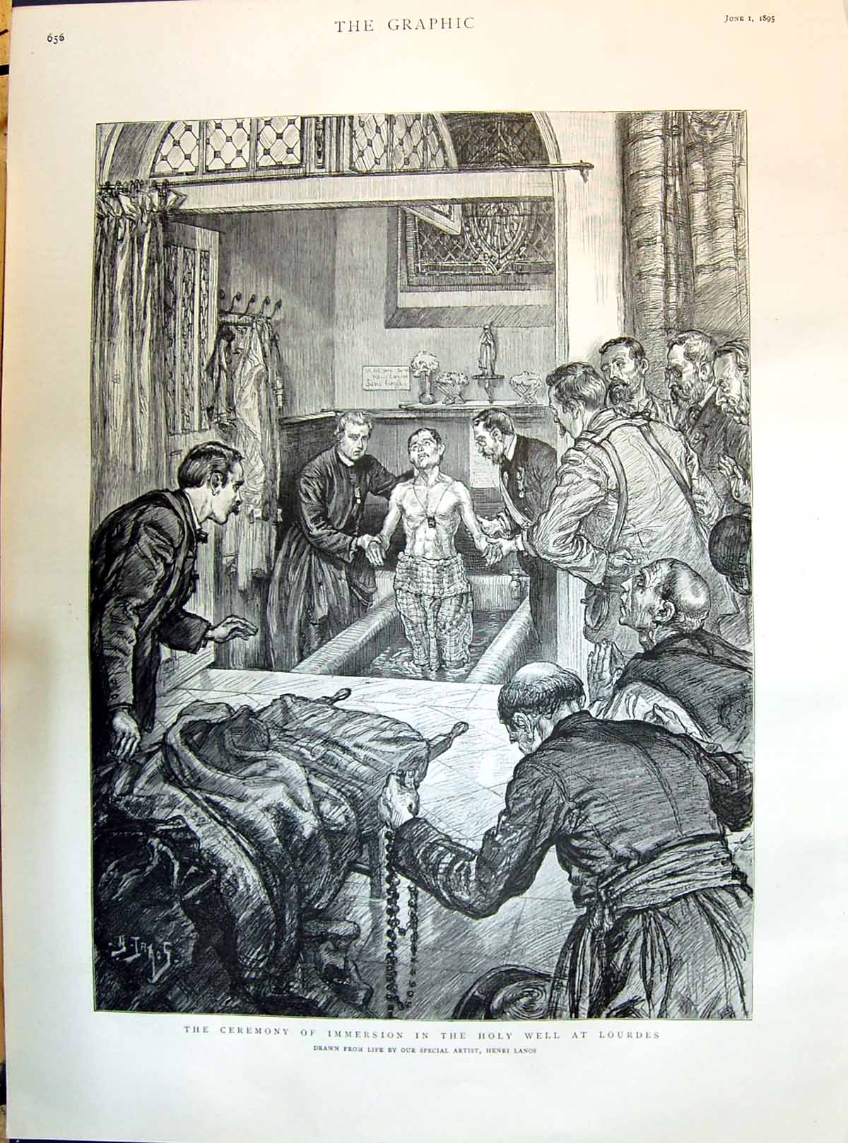 Old 1895 Ceremony Immersion In Holy Well Lourdes Drawn From Life By H Victorian