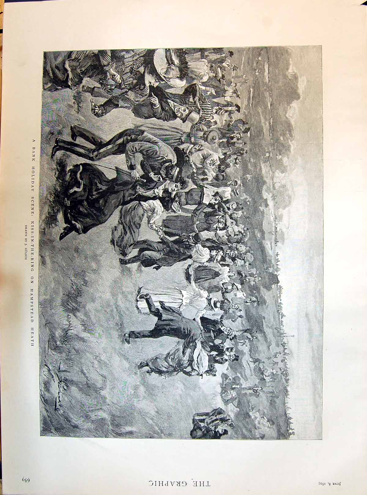 Old Print 1895 Bank Holiday Scene Kiss-In-The-Ring Hampstead Heath Gulich 19th
