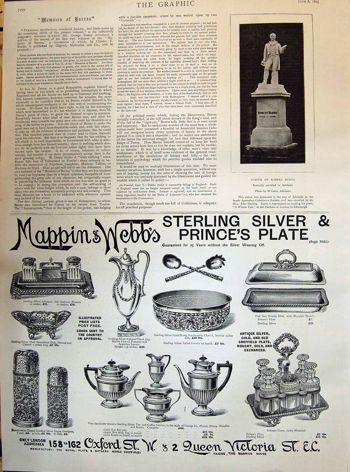Old Print 1895 Robert Burns Statue Adelaide Mappin Webb'S Sterling Silver 19th